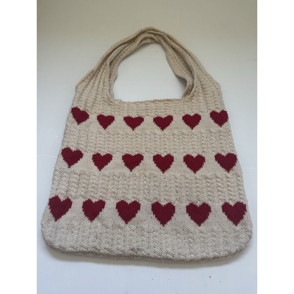 Heart Pattern Knit Tote Bag Cream Red Hearts Shoulder Bag  Casual